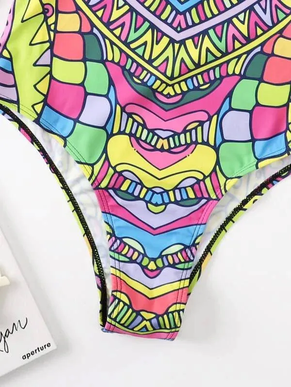 Allover Print Zip Back One Piece Swimsuit
