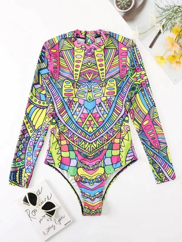 Allover Print Zip Back One Piece Swimsuit