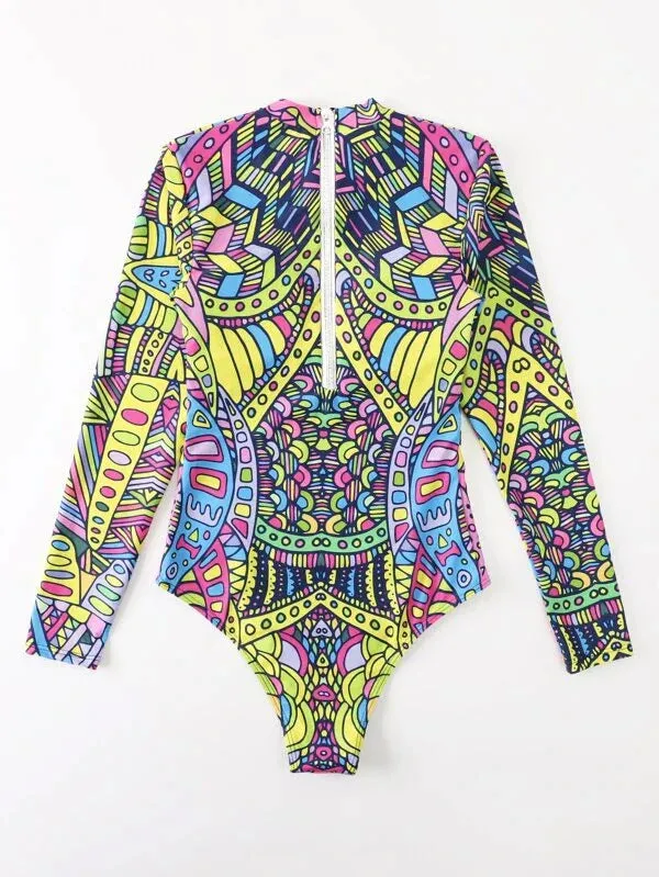 Allover Print Zip Back One Piece Swimsuit