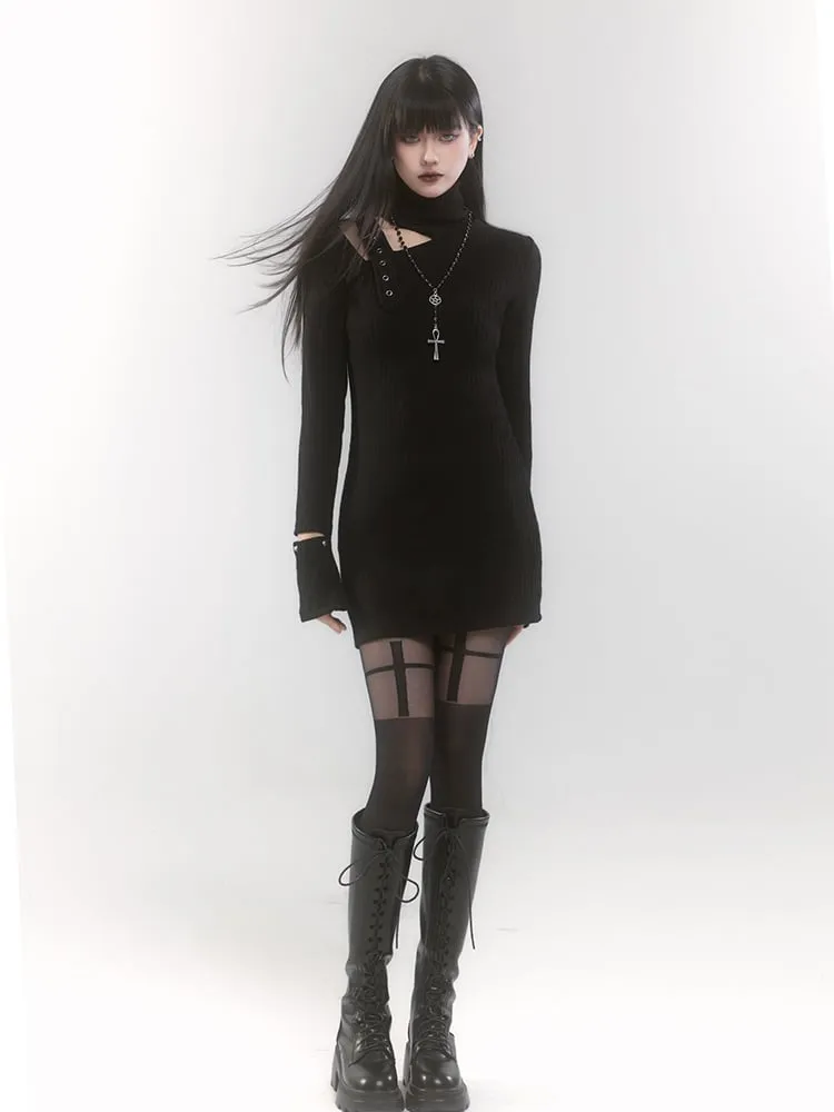 Black High Neck Cutout Shoulder Buckle Strap Thigh-length Knitted Dress