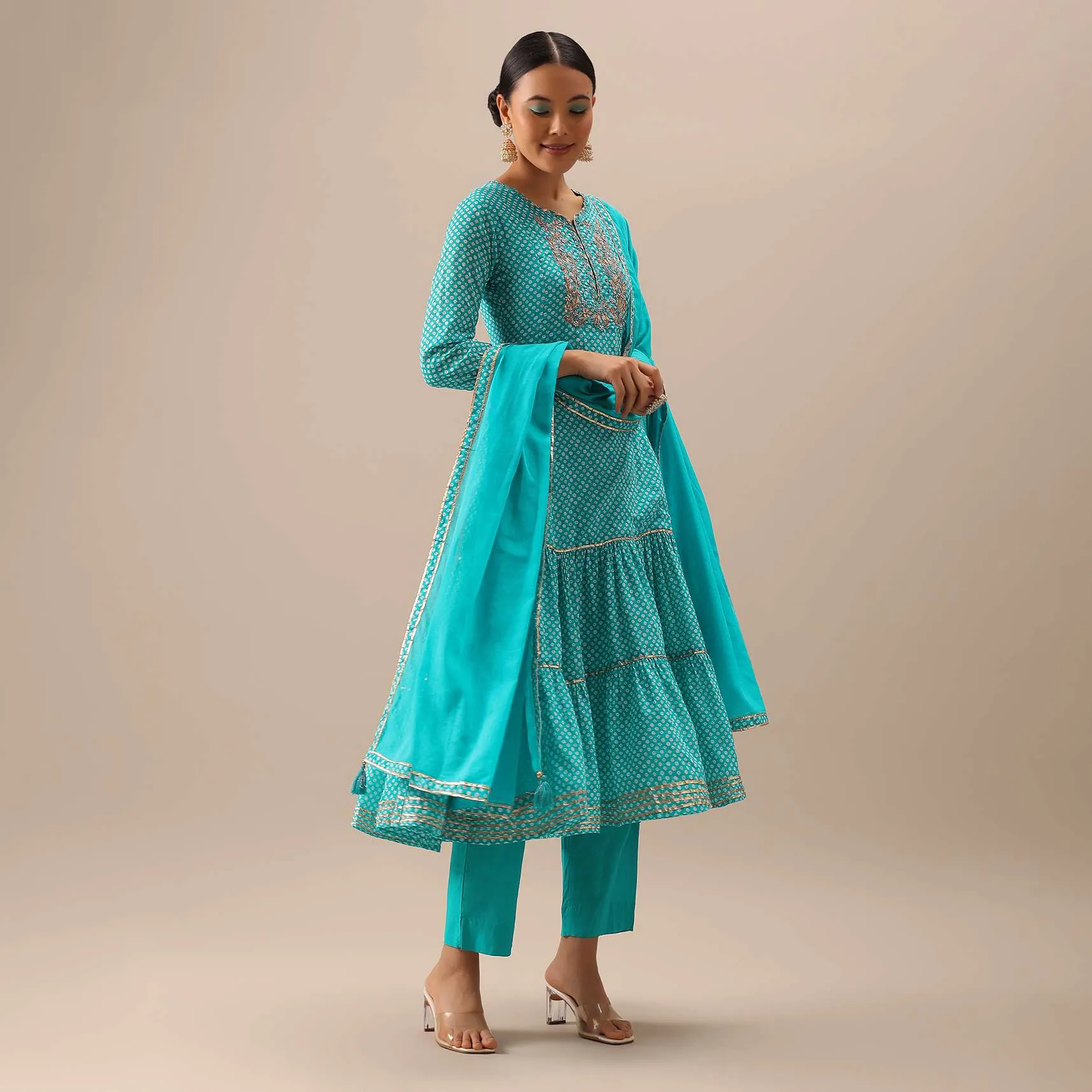 Blue Anakrali Set With Bandhani Print And Gota Work
