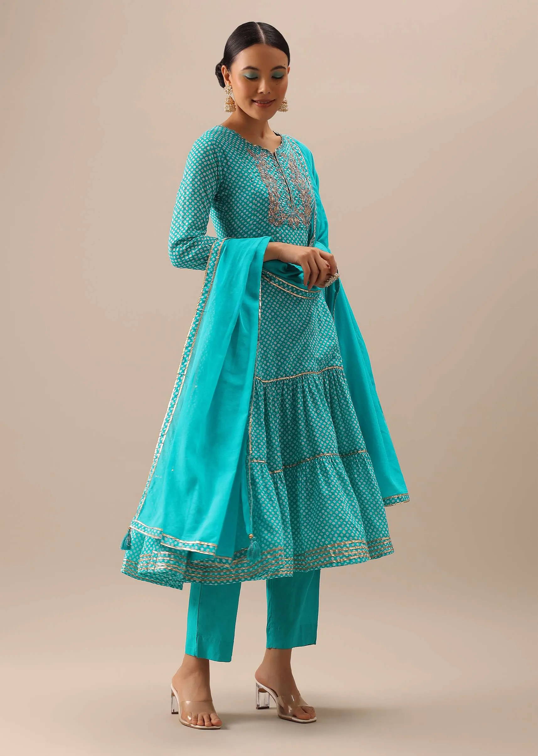Blue Anakrali Set With Bandhani Print And Gota Work
