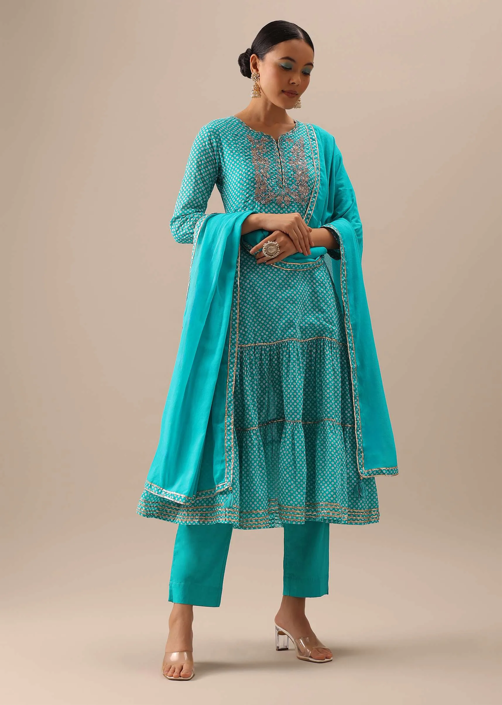 Blue Anakrali Set With Bandhani Print And Gota Work