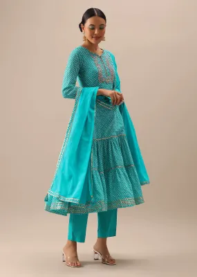 Blue Anakrali Set With Bandhani Print And Gota Work