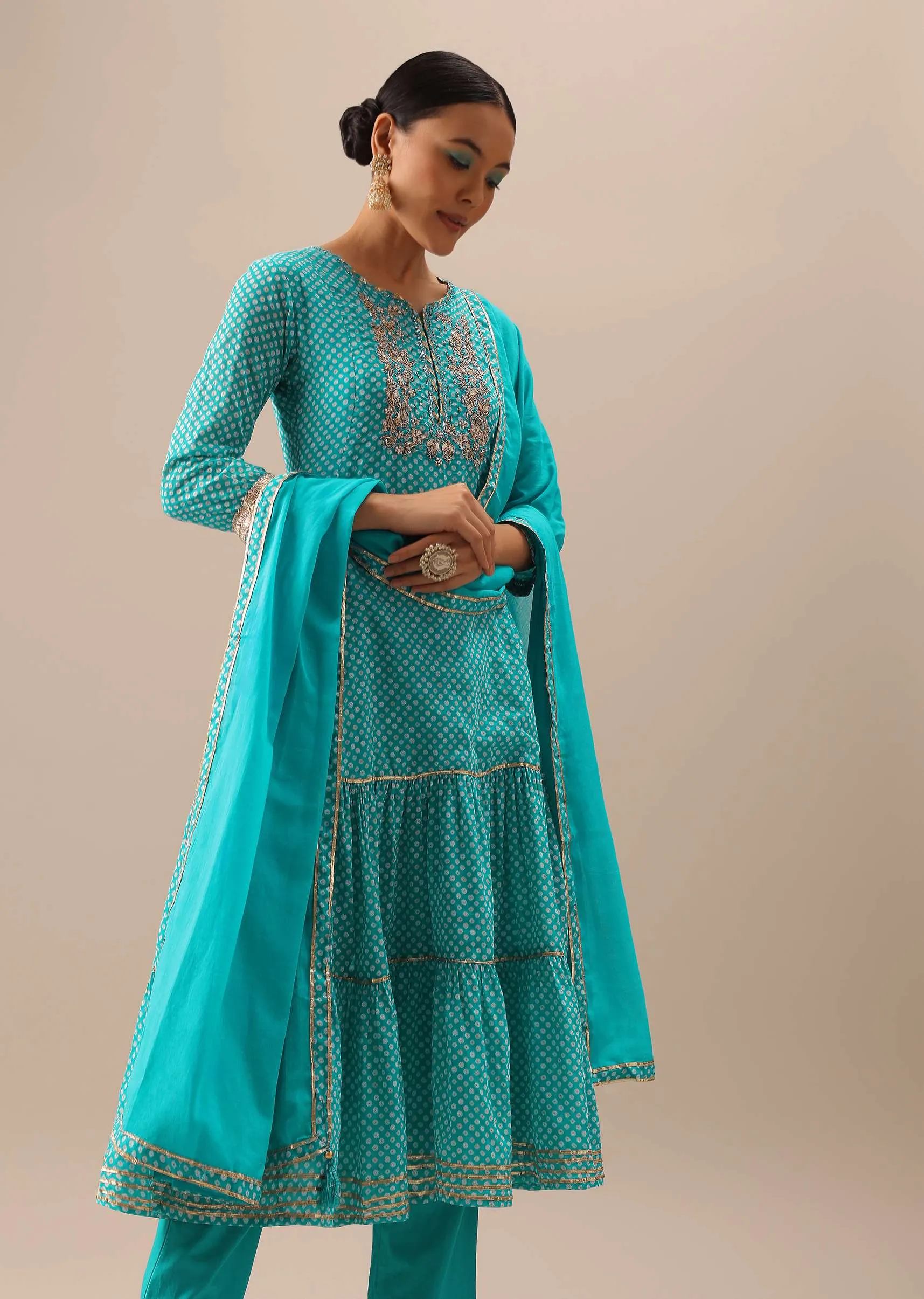 Blue Anakrali Set With Bandhani Print And Gota Work