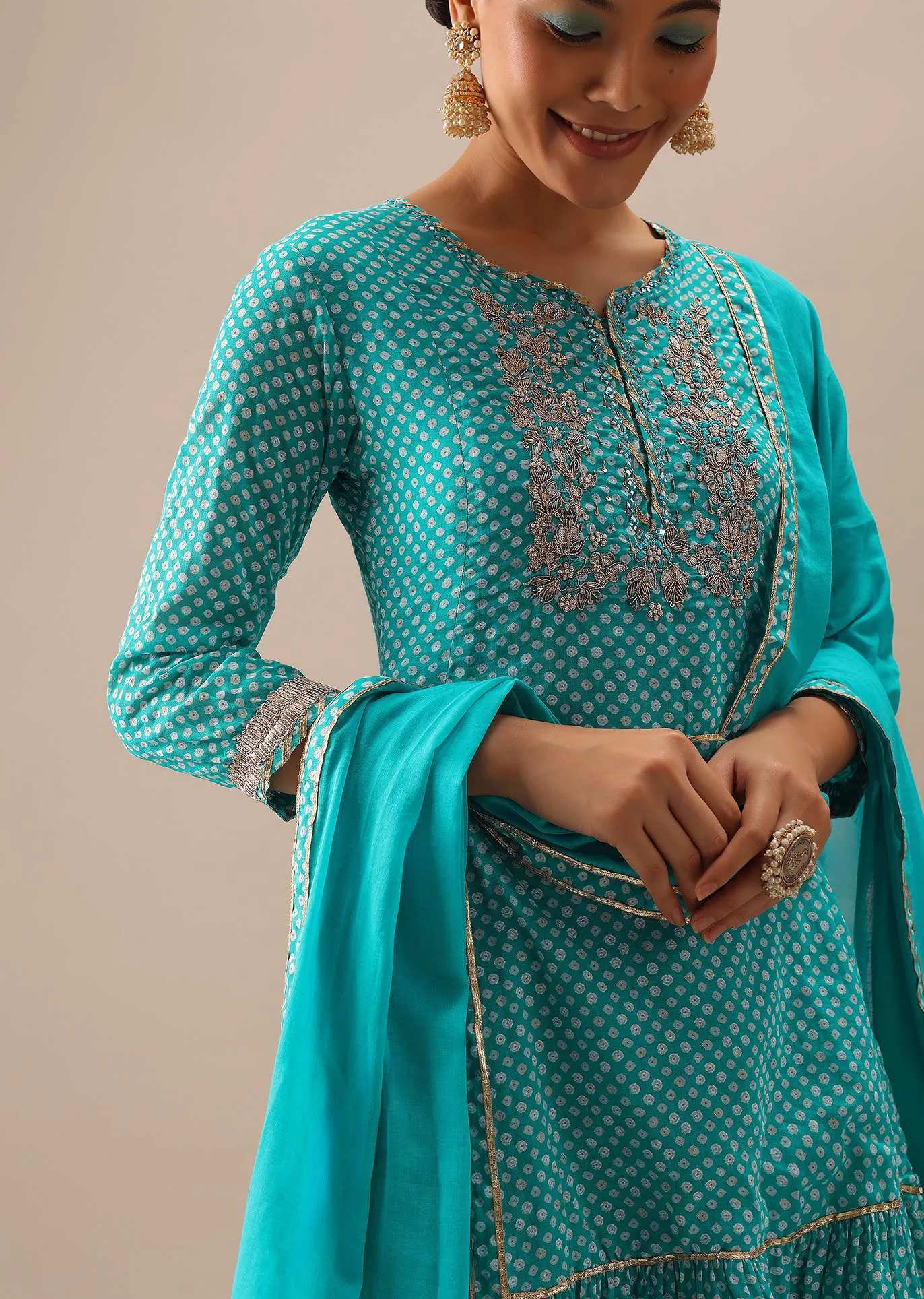 Blue Anakrali Set With Bandhani Print And Gota Work