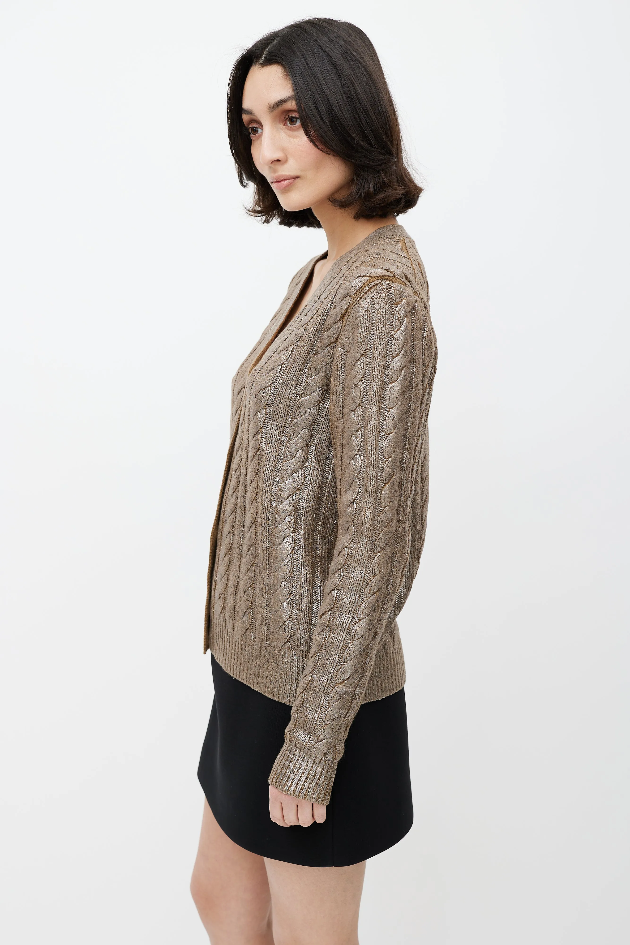 Brown Coated Wool Cableknit Cardigan