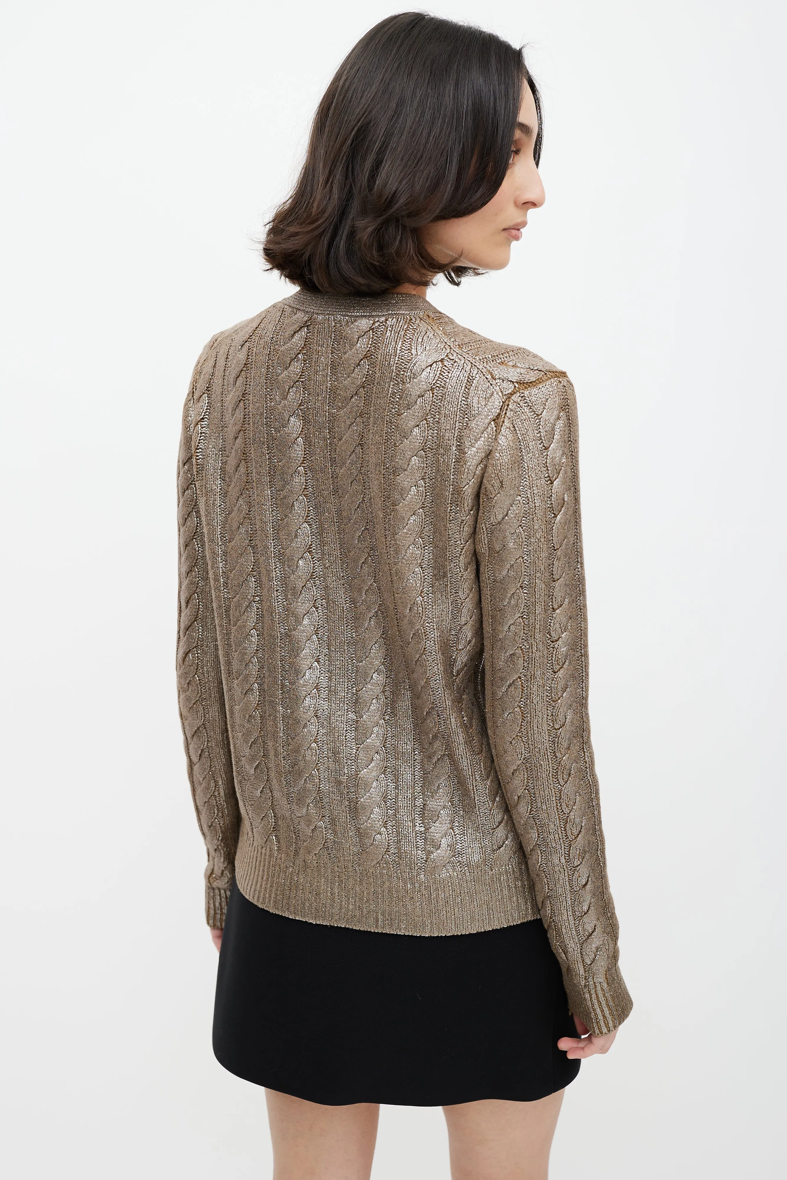 Brown Coated Wool Cableknit Cardigan