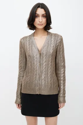 Brown Coated Wool Cableknit Cardigan
