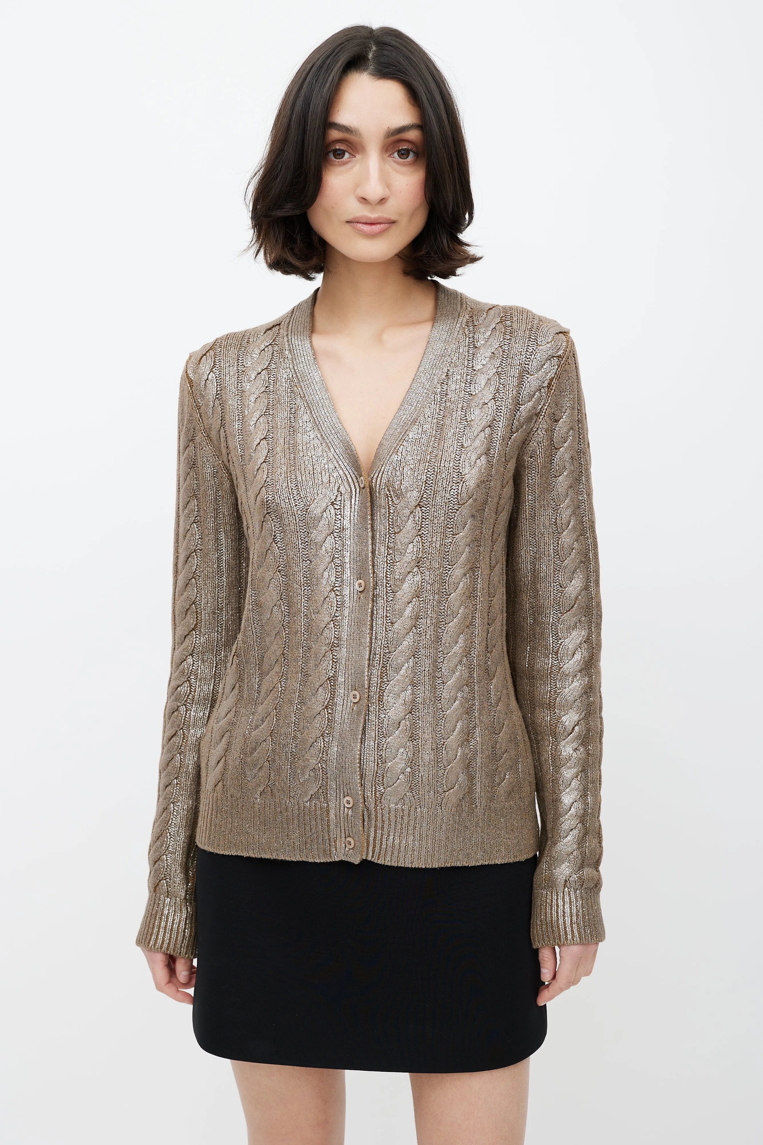 Brown Coated Wool Cableknit Cardigan
