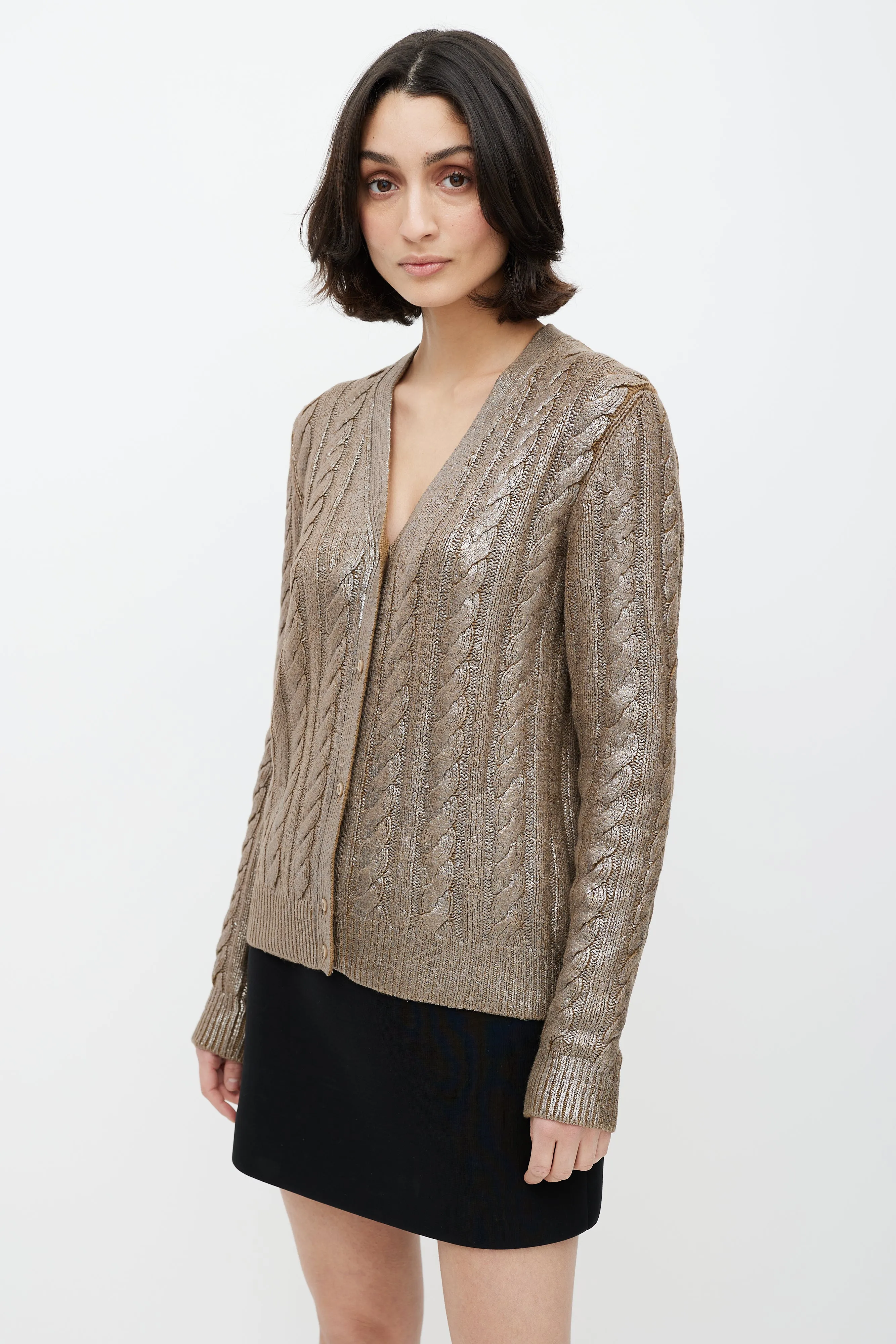Brown Coated Wool Cableknit Cardigan