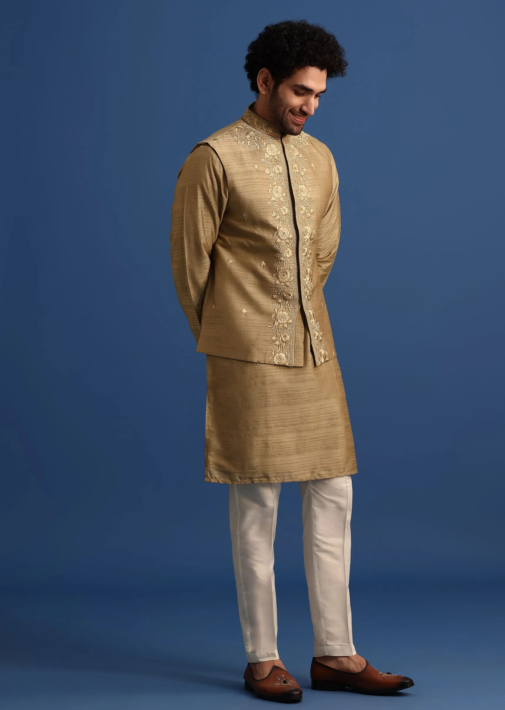 Brown Kurta Jacket Set With Thread And Mirror Work