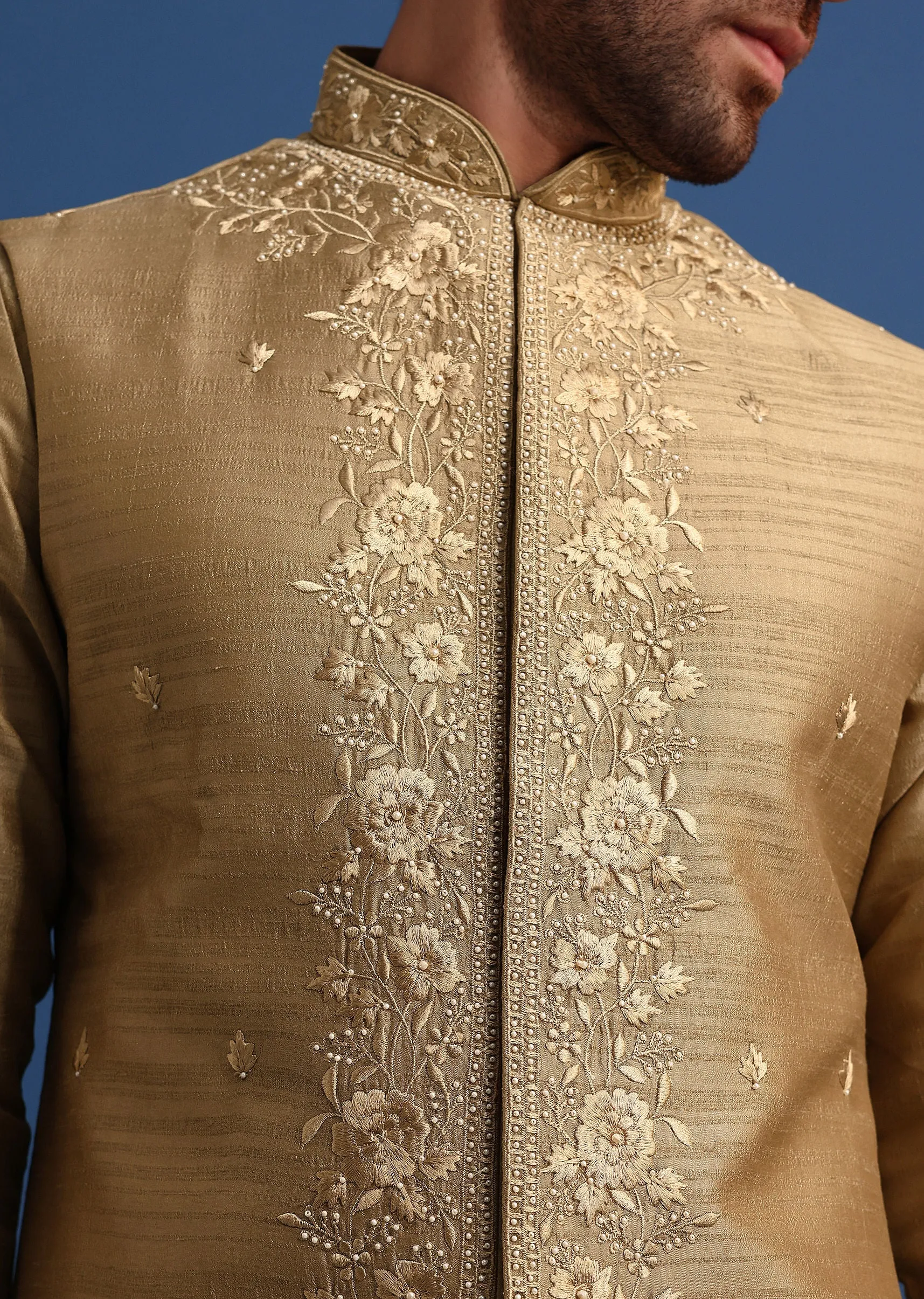 Brown Kurta Jacket Set With Thread And Mirror Work