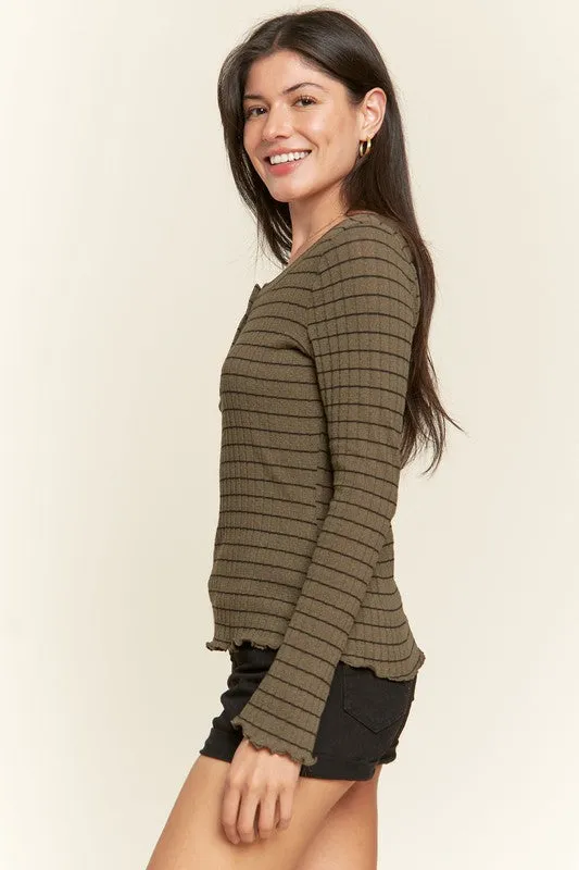 Casual Classic Button Detail Round Neck Striped Fashion Top