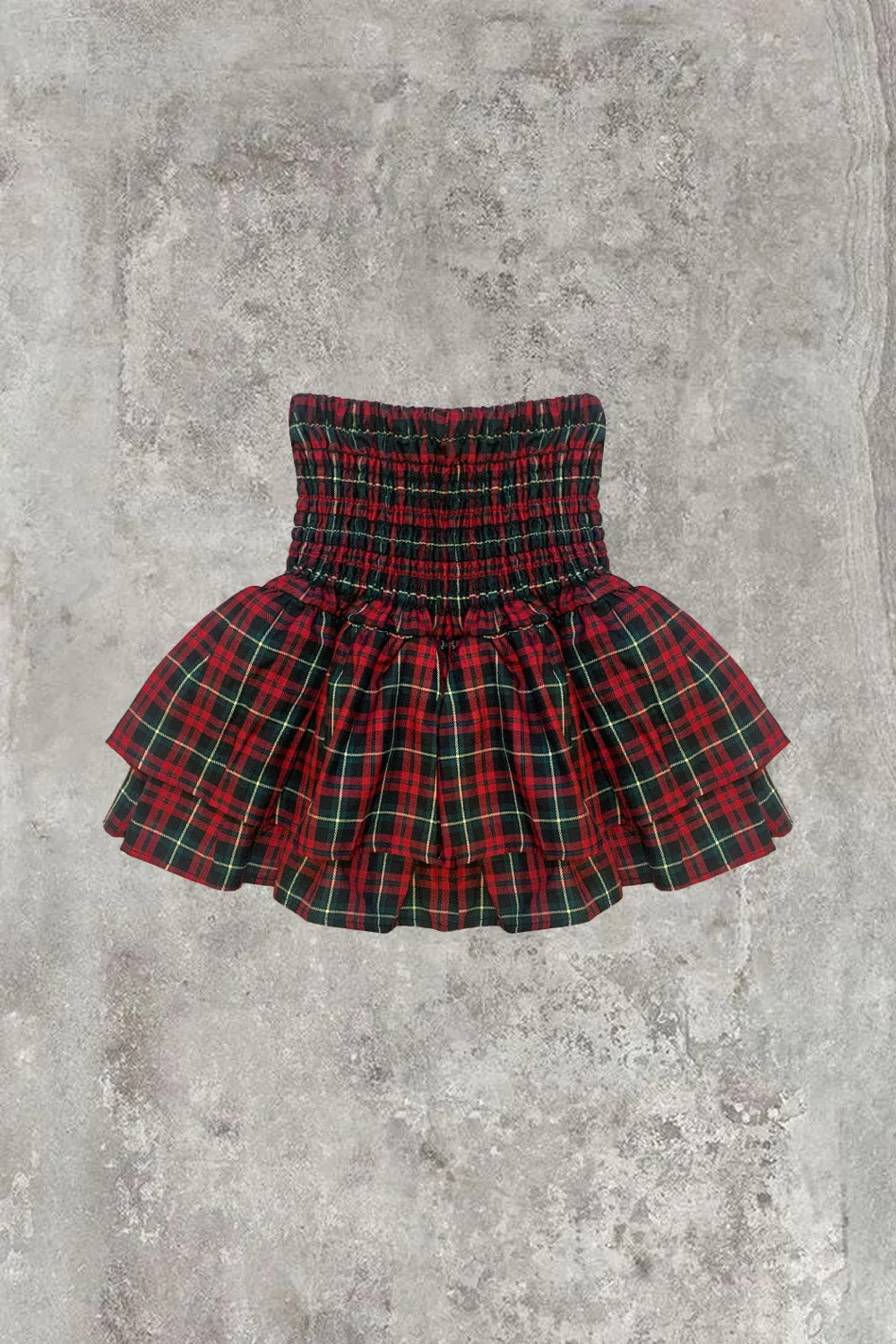 Cece Red and Green Check Shirred Waist Ruffle Hem Mini Skirt