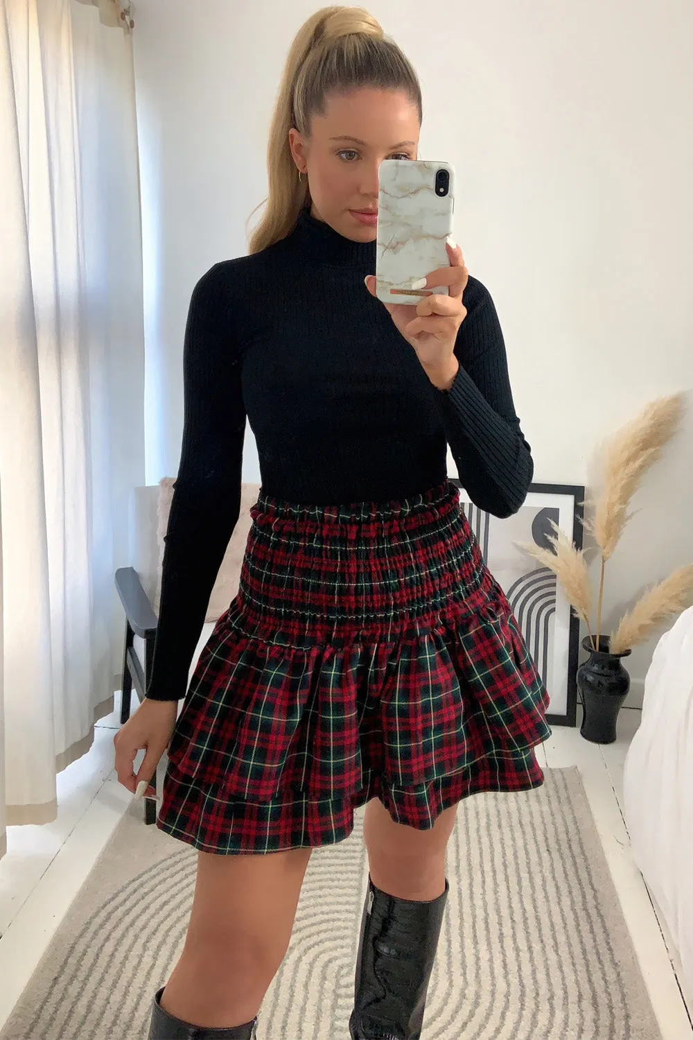 Cece Red and Green Check Shirred Waist Ruffle Hem Mini Skirt