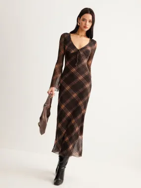 Checked Bell-Sleeve Mesh Dress