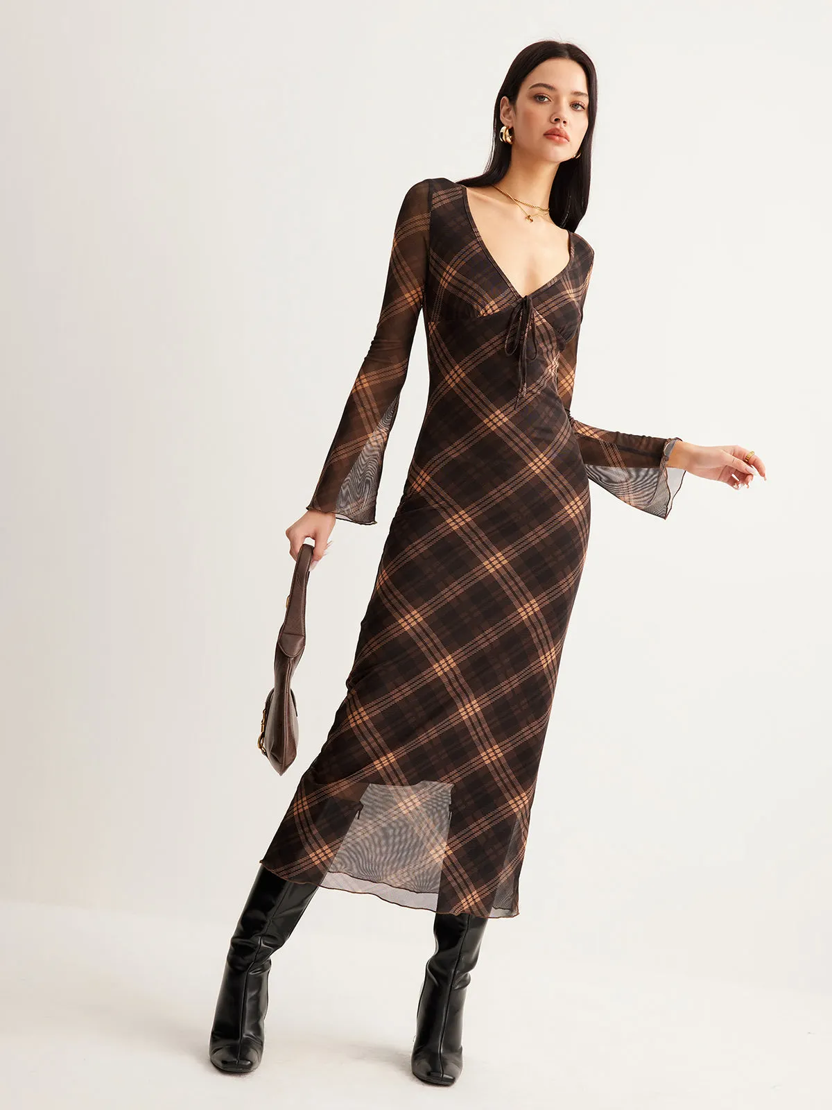 Checked Bell-Sleeve Mesh Dress