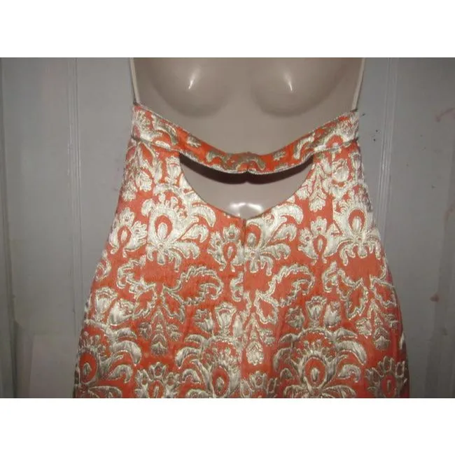 David Meister Orange Metallic Brocade Mid Length Cocktail Dress