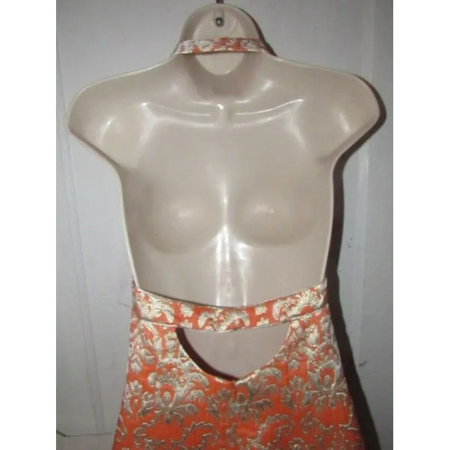 David Meister Orange Metallic Brocade Mid Length Cocktail Dress