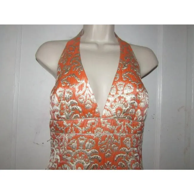 David Meister Orange Metallic Brocade Mid Length Cocktail Dress