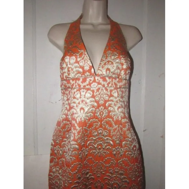 David Meister Orange Metallic Brocade Mid Length Cocktail Dress