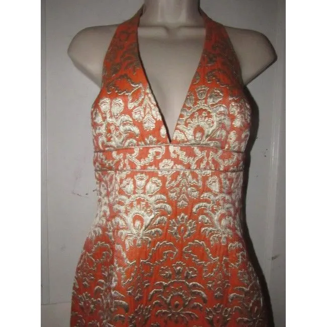 David Meister Orange Metallic Brocade Mid Length Cocktail Dress