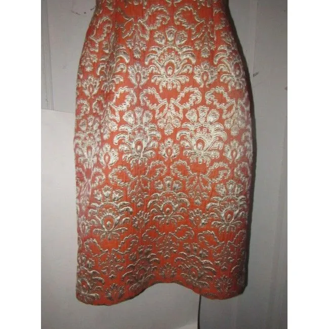 David Meister Orange Metallic Brocade Mid Length Cocktail Dress