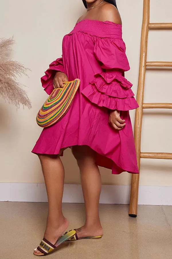 Flytonn-homecoming dresses hoco dresses party dresses fall outfits women Solid Color Off Shoulder Sweet Swing Mini Dress