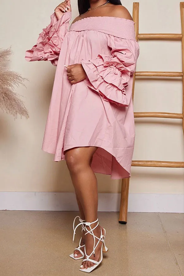 Flytonn-homecoming dresses hoco dresses party dresses fall outfits women Solid Color Off Shoulder Sweet Swing Mini Dress