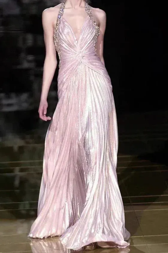 Formal Wear Dresses Pink Halter Beading A-Line Formal Party Dress Prom Dresses Shops Formal Women's Dresses