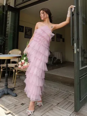Formal Wear Dresses Pink Halter Tulle Tiered Backless Long Prom Dress with Slit Prom Dresses Shops Formal Women's Dresses