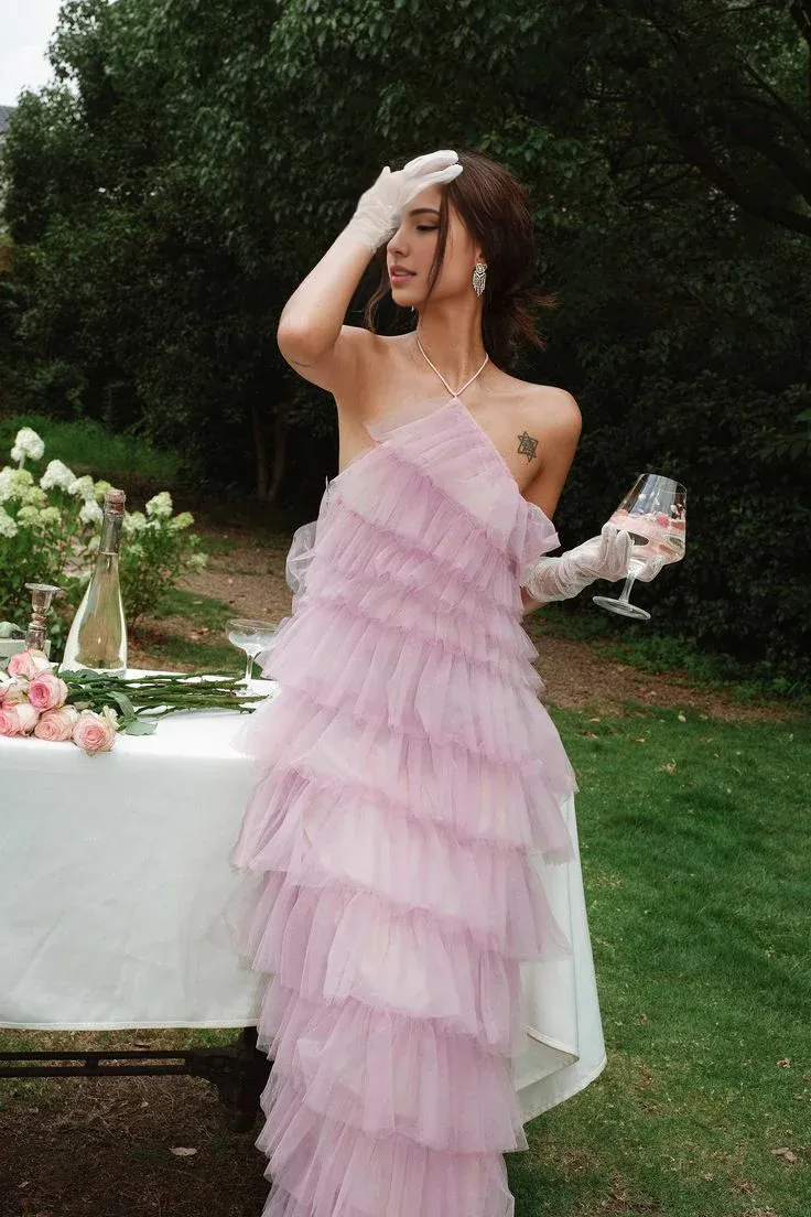 Formal Wear Dresses Pink Halter Tulle Tiered Backless Long Prom Dress with Slit Prom Dresses Shops Formal Women's Dresses