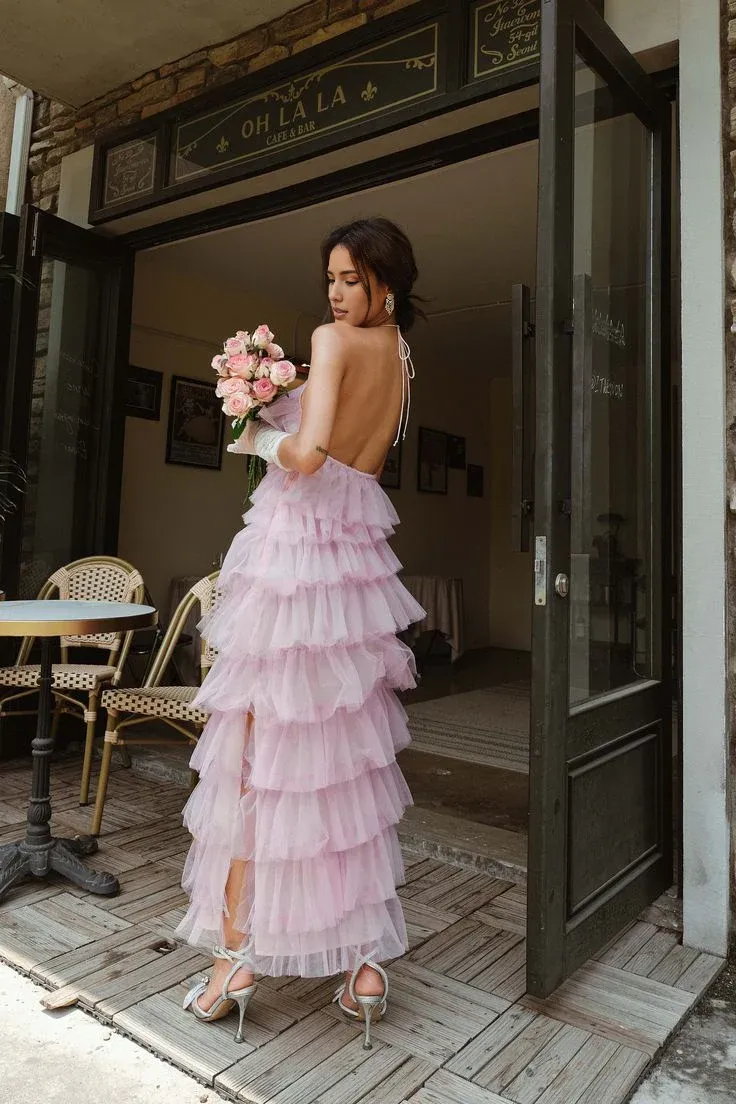 Formal Wear Dresses Pink Halter Tulle Tiered Backless Long Prom Dress with Slit Prom Dresses Shops Formal Women's Dresses