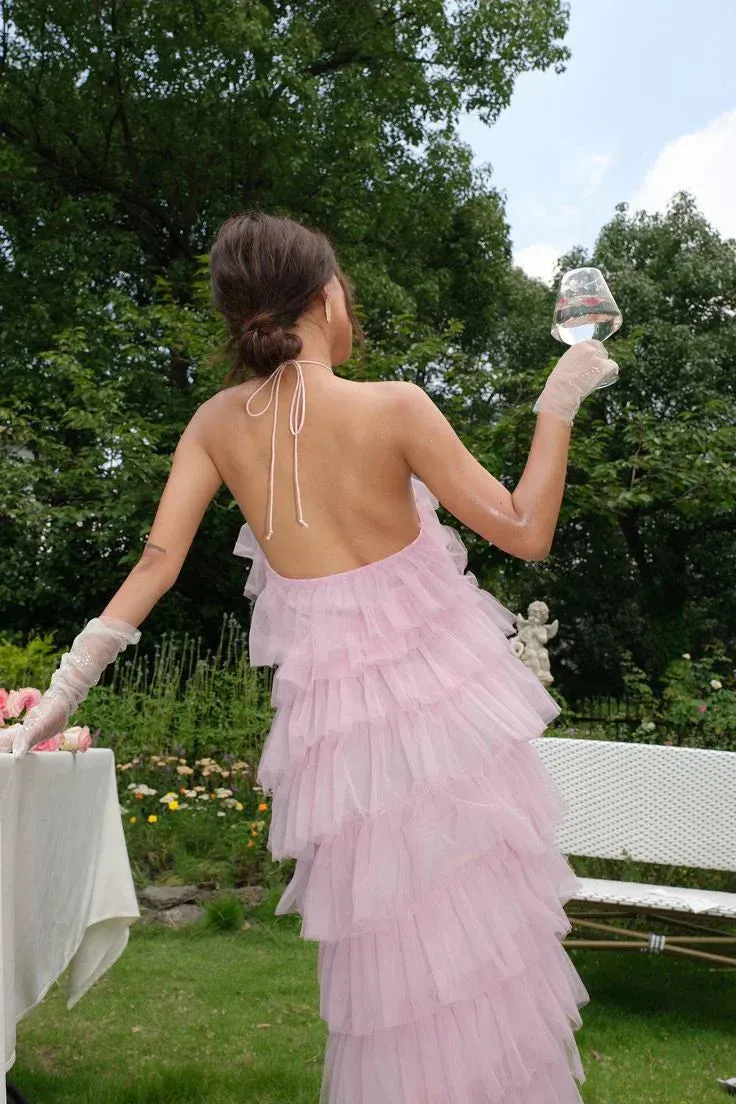 Formal Wear Dresses Pink Halter Tulle Tiered Backless Long Prom Dress with Slit Prom Dresses Shops Formal Women's Dresses