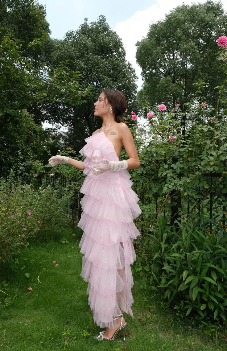Formal Wear Dresses Pink Halter Tulle Tiered Backless Long Prom Dress with Slit Prom Dresses Shops Formal Women's Dresses