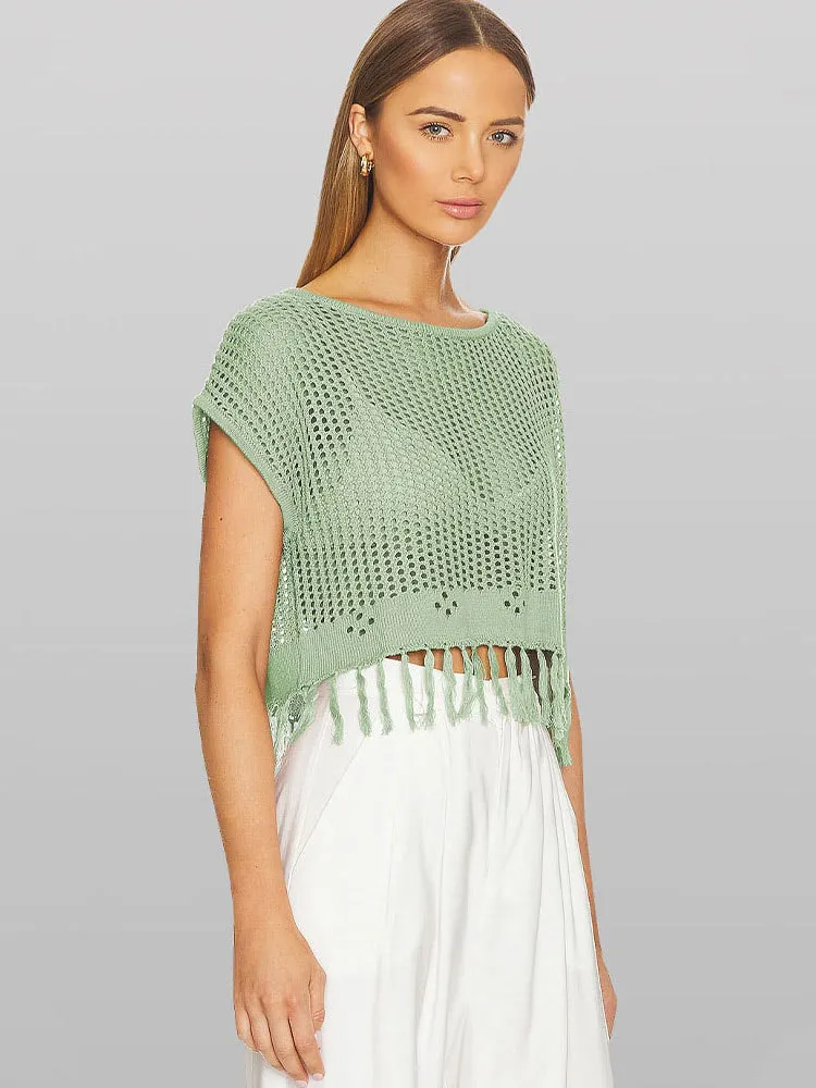 Knitted hollow crew neck T-shirt