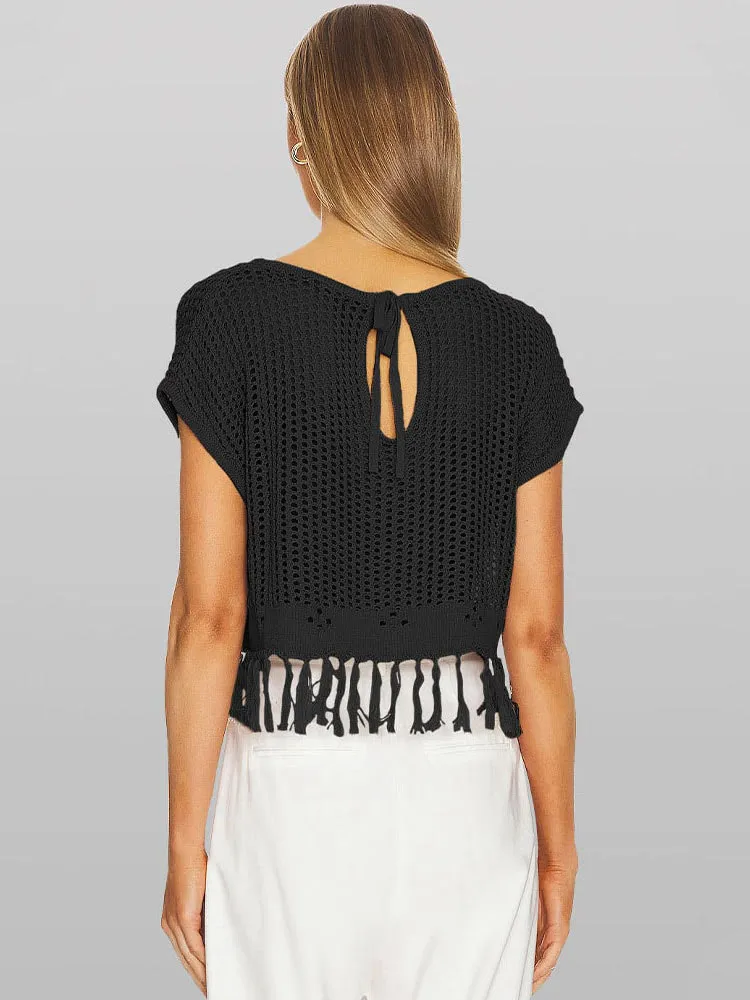 Knitted hollow crew neck T-shirt
