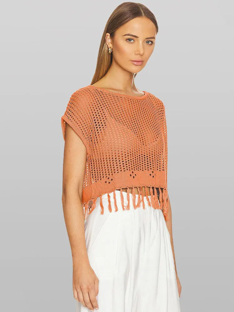 Knitted hollow crew neck T-shirt