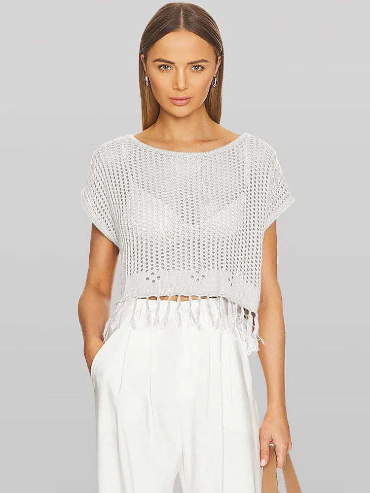 Knitted hollow crew neck T-shirt