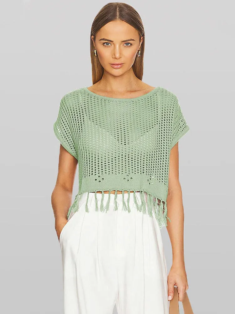 Knitted hollow crew neck T-shirt