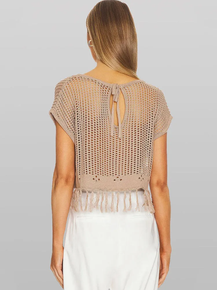 Knitted hollow crew neck T-shirt