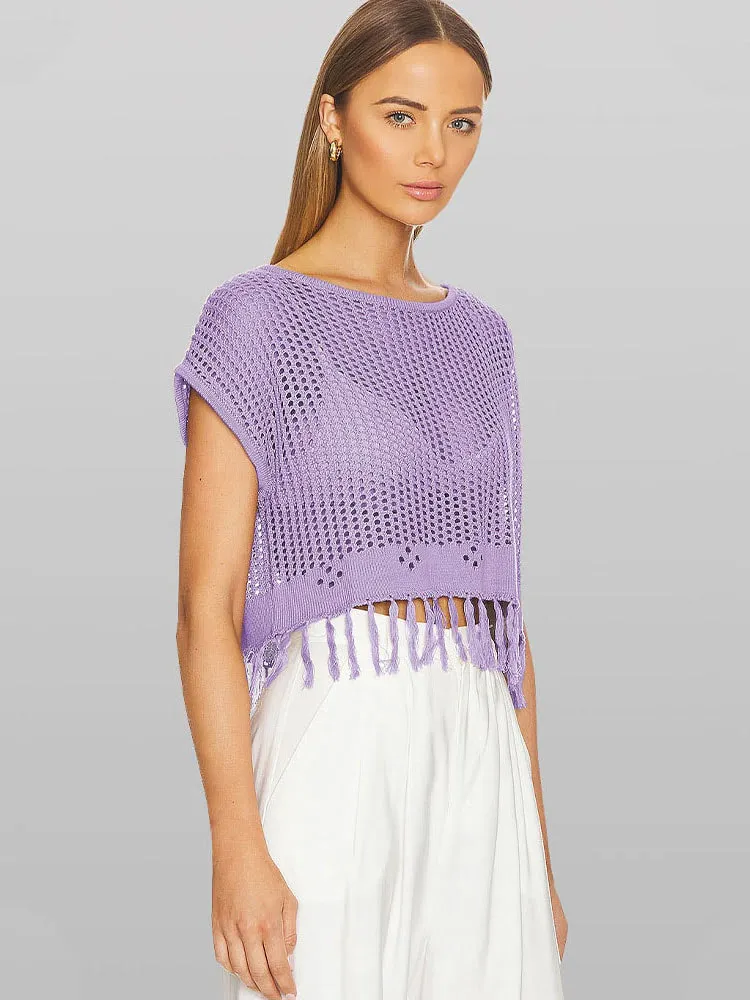 Knitted hollow crew neck T-shirt