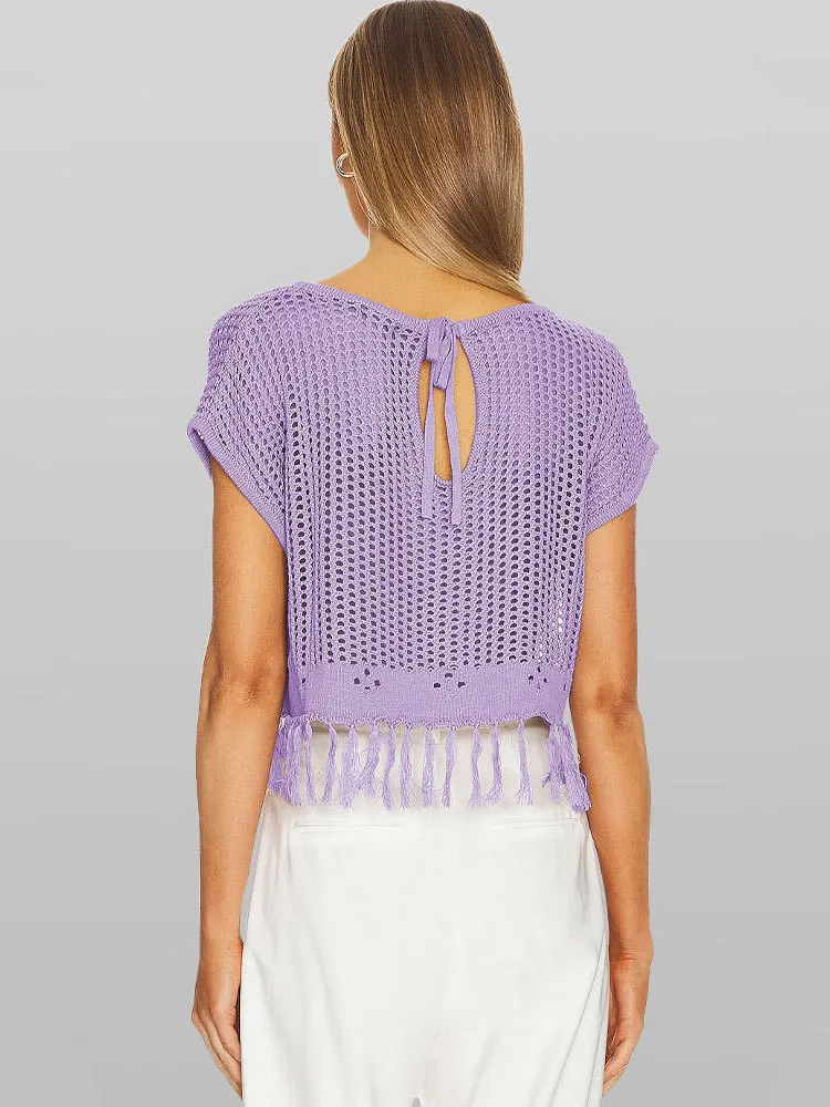 Knitted hollow crew neck T-shirt