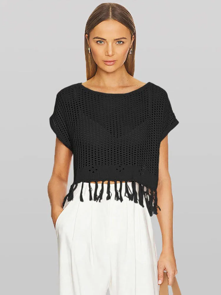 Knitted hollow crew neck T-shirt