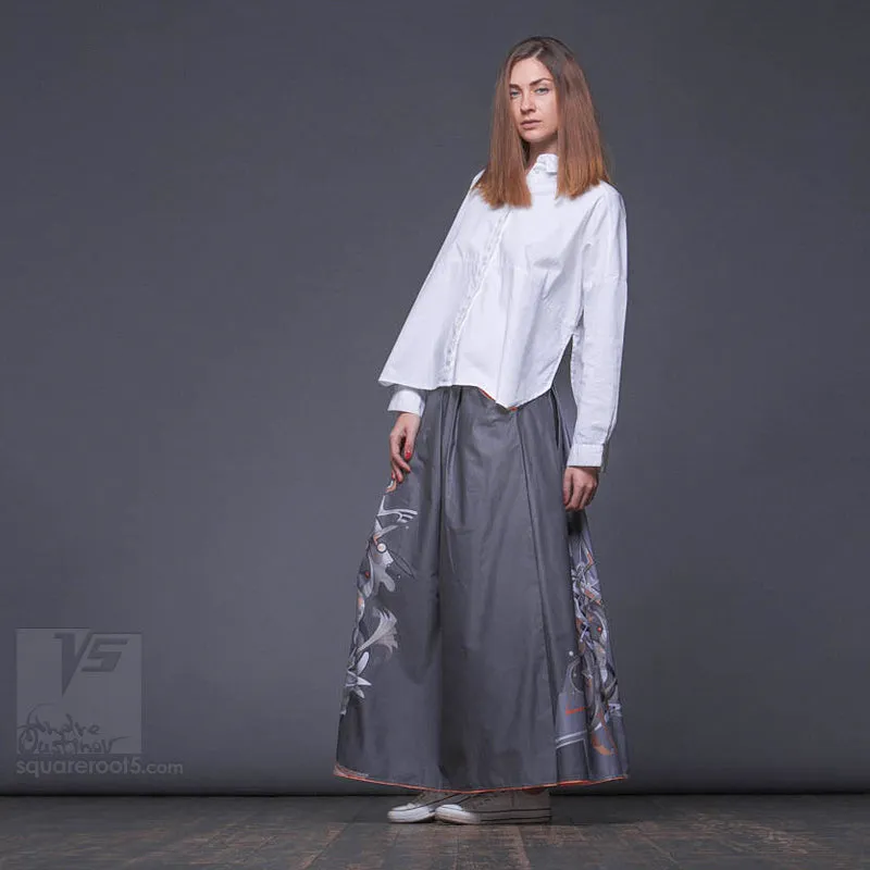 Long cotton skirt "Samurai Girl" model: "Cosmic Monochrome Grey"