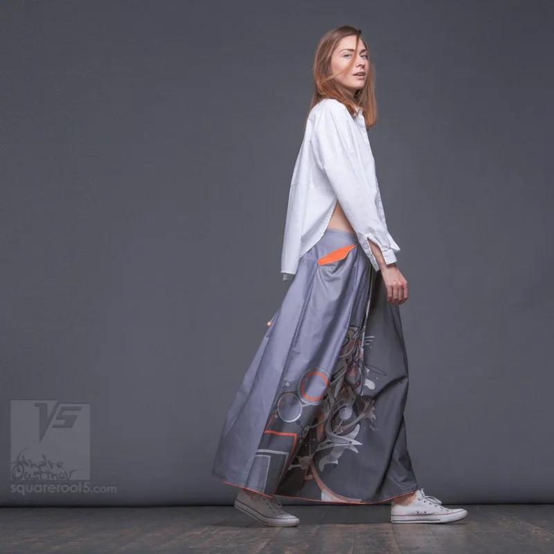 Long cotton skirt "Samurai Girl" model: "Cosmic Monochrome Grey"