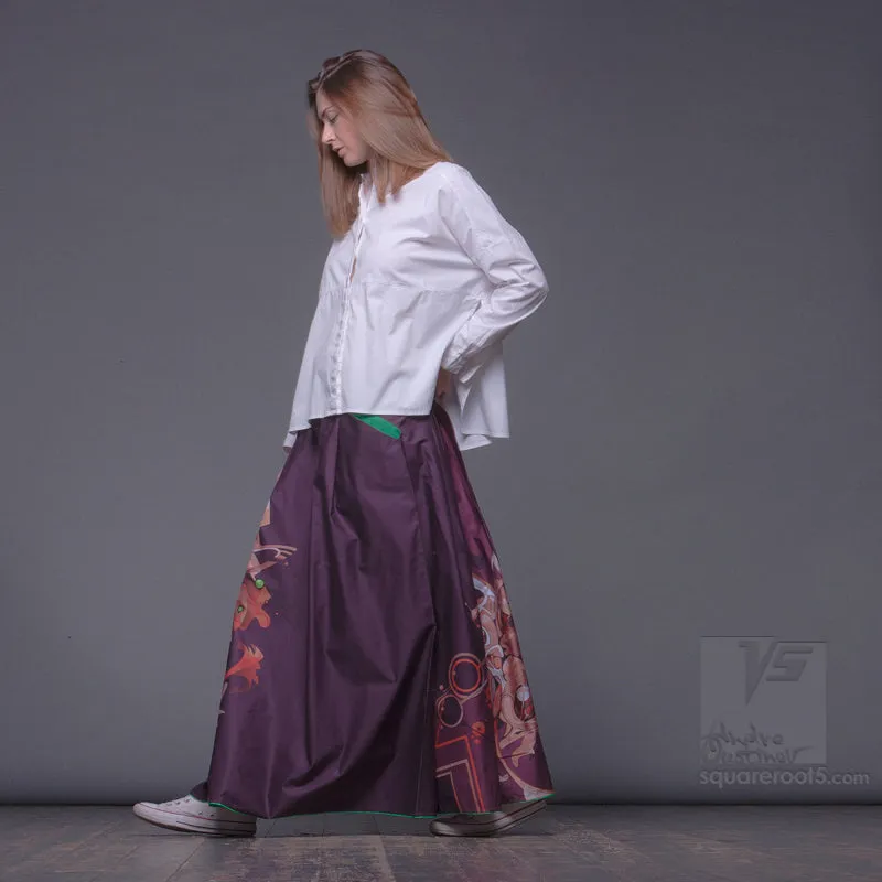 Long cotton skirt "Samurai Girl" model: "Cosmic Monochrome Purple"