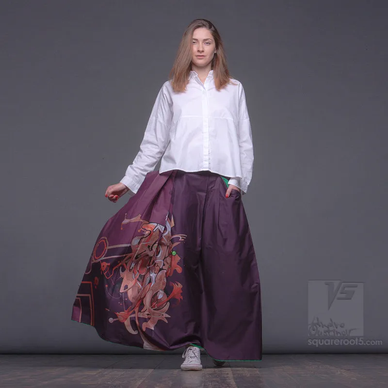 Long cotton skirt "Samurai Girl" model: "Cosmic Monochrome Purple"
