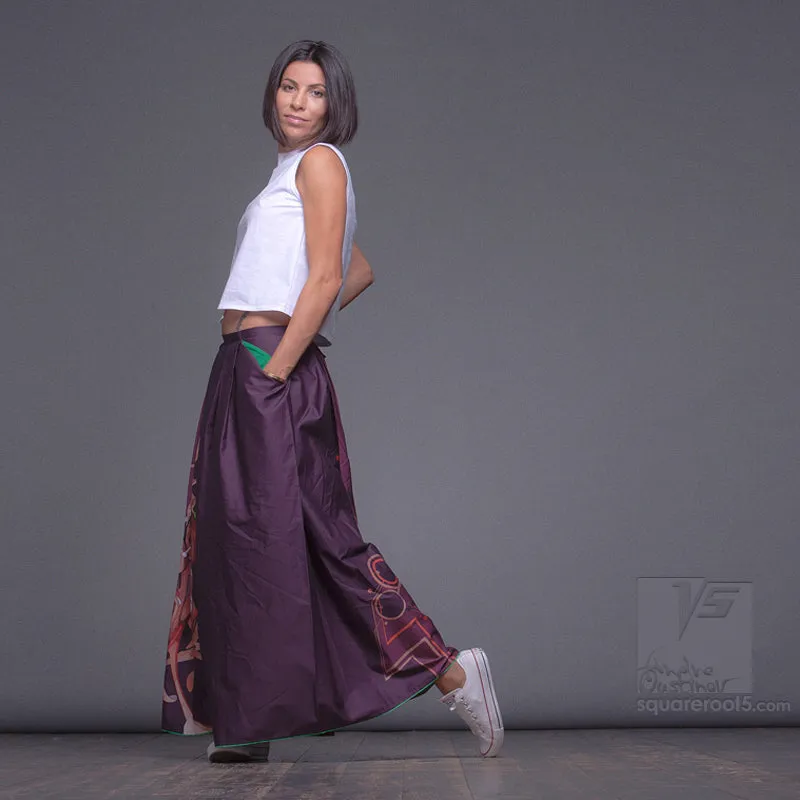 Long cotton skirt "Samurai Girl" model: "Cosmic Monochrome Purple"